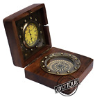 Vintage Small Clock Desk Top with Wooden Compass Steampunk Ornament Unique Gifts