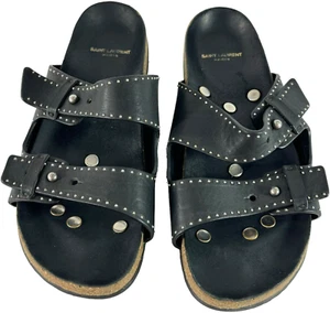 SAINT LAURENT Black Leather Jimmy Stud Straps Slides Women Made in Italy 41-10US - Picture 1 of 13
