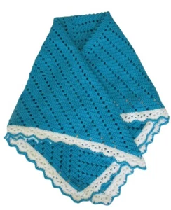 Handmade Crochet Deep Blue & White Beautiful Baby Cot Blanket 36in Square - Picture 1 of 13