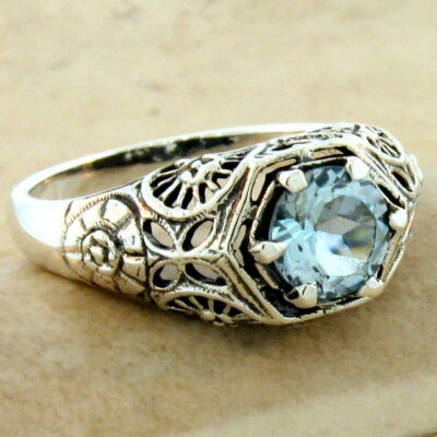NATURAL SKY BLUE TOPAZ 925 STERLING SILVER VICTORIAN STYLE FILIGREE RING   1113X - Image 1 of 2