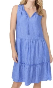 J Mc Laughlin Christa Linen Dress XS French Blue Sleeveless Pockets Tiered - Picture 1 of 12