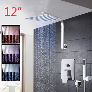 Bathroom 12 Inch LED Chrome Rainfall Shower Spray Units Mixer Wall Mount Tap - Picture 1 of 11