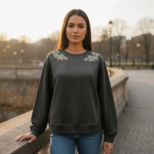 EXPRESS L Dark Gray Sweatshirt Crystal Embellishment R $79 - Picture 1 of 9