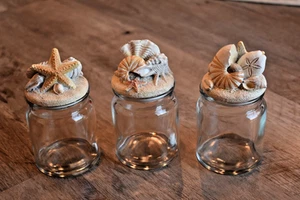 3 Sets of Glass Jars With Seashells And Starfishes Toppers - Picture 1 of 17