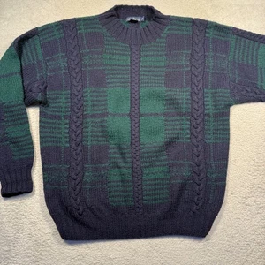 Vintage Nautica Men's Wool Plaid Cable Knit Sweater Large Green Blue Pullover - Picture 1 of 4