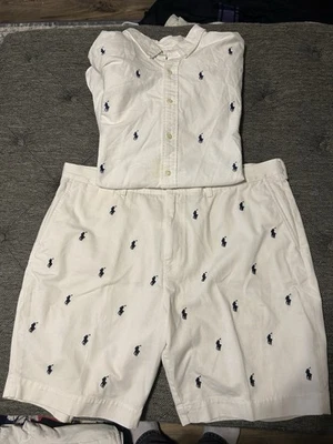 Polo Ralph Lauren All Over Pony 3XB Button Down L/S 42 Shorts Set White Navy - Image 1 of 4