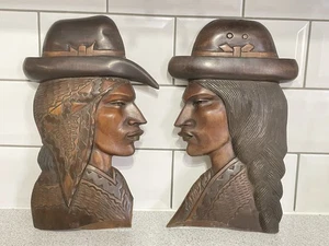 2 AYMARA INDIAN CARVED WOOD FACE WALL PLAQUES C. SILVA LA PAZ BOLIVIA - Picture 1 of 20