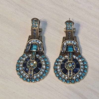 Heidi Daus Blue Aqua Crystal Dangle Earrings Art Deco Style Elegent - Image 1 of 4