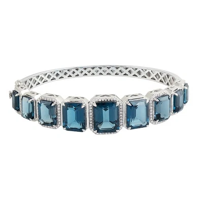 Brazalete de topacio azul y diamantes para mujer de oro blanco de 14 k hecho a mano joyería fina Foto 1 de 4