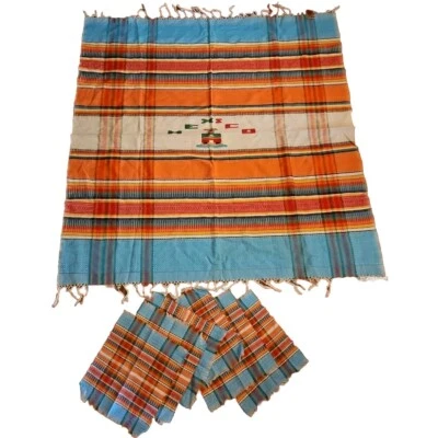 Tablecloth Mexico Handloom fabric Embroidered 50 X 52" 6 Cloth Napkins Set Authe - Image 1 of 4