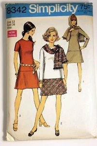 Vestido y patrón de bufanda vintage 1969 Simplicity 8342 Misses talla 12 busto 34 - Imagen 1 de 6