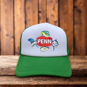 Penn Fishing Mens Trucker Hat Green Snapback Hooks Reels Fly Retro Logo Ball Cap - Picture 1 of 6