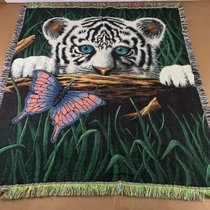 White Tiger Butterfly Fringe Trim 48" X 56" Throw Blanket - Picture 1 of 6