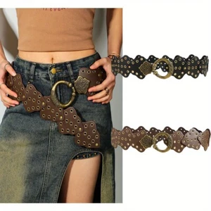 Women's Vintage Eyelets Hollow Waistband Durable Exaggerated Wide Disc Belt - Picture 1 of 14
