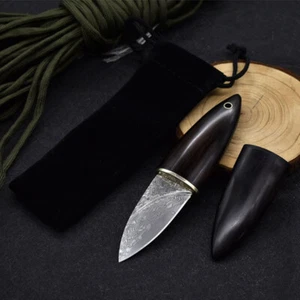 Mini Damascus Fixed Blade Knife Olive Design Ebony Wood Handle EDC Outdoor Tool - Picture 1 of 14