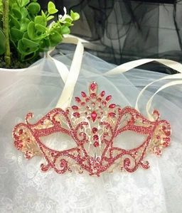 Masquerade Mask for Women, Pink Mask, Rhinestone, Venetian Party, Evening Prom - Picture 1 of 3