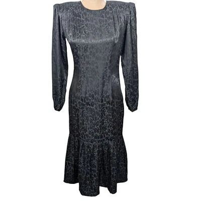 Vestido midi vintage argentino negro gótico victoriano 100 % seda estampado animal talla 6 Foto 1 de 4