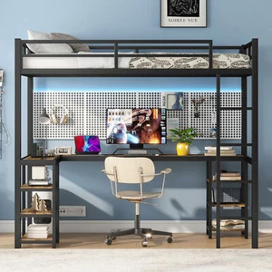Twin XL Metal Loft Bed with Desk and Shelves, Loft Bed with Ladder and Guardrail - Picture 1 of 11