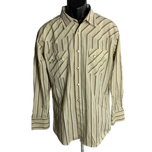 Vintage 90s Maxini Pearl Snap Western Shirt L Beige Stripes Pockets Long Sleeves - Picture 1 of 7