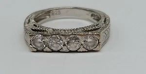 Sz 5 Sterling Silver Ring Flat Design 4 Round Clear CZ Stones FREE SHIPPING - Picture 1 of 4