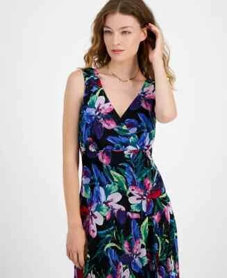 Vestido midi para mujer Connected cuello en V asimético dobladillo talla 12 negro múltiple Foto 1 de 3