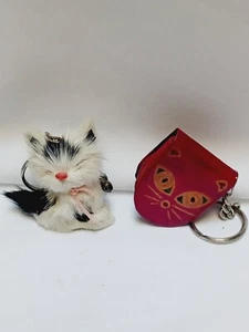Vintage Kaninchenfell schwarz weiß Kätzchen Katze Figur rot Leder Geldbörse Schlüsselanhänger - Bild 1 von 14
