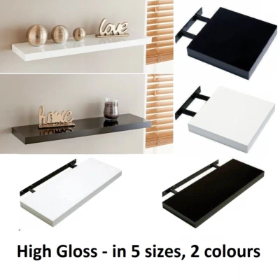 Modern HIGH GLOSS Shelf Floating Wall Shelves White Black Grey Bookcase Display - Image 1 of 4