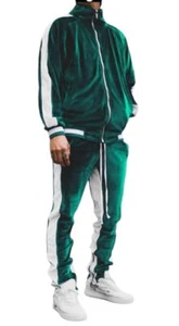Mens velour tracksuit, green urban street wear jogging set 2 piece - Picture 1 of 6