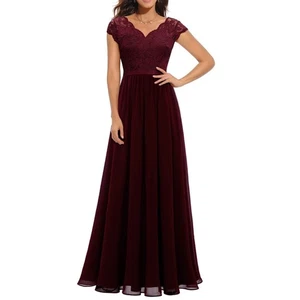 Damen Kleid Spitze Ohne Ärmel A Linie Lange Abendkleid Cocktailkleid Weinrot M - Bild 1 von 5