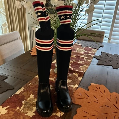 ¡NUEVO! Botas de lluvia Givenchy Storm tejidas hasta el muslo sobre la rodilla negras y rojas (40)10 Foto 1 de 4