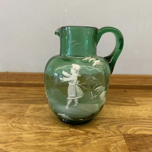 Antique Mary Gregory Green Glass Milk Jug/creamer. 14 1/2cm lovely item. - Picture 1 of 17