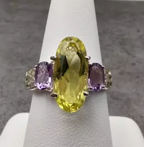 Estate CNA Thailand Sterling Silver Lemon Quartz & Amethyst Cocktail Ring Sz 10 - Picture 1 of 12