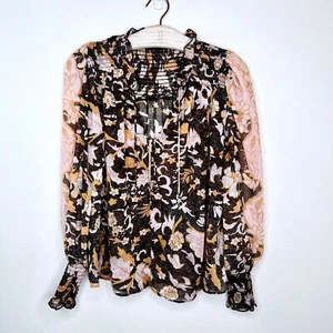 OPT One Pretty Time Smocked Floral Blouse Small Long Sleeve Peasant Metallic Top - Picture 1 of 6
