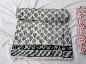 Indian Cotton Kantha Quilt Bedding Hand Block Bedspread Coverlet Blanket Gudri - Picture 1 of 5