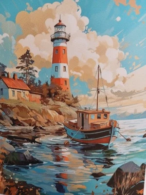 Punto de Cruz Estampado, Faro Con Barco, 11 CT, 40x50 Cm, 40 Colores Foto 1 de 4