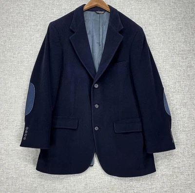 Blazer masculino Jacobson grande marinho 100% cashmere feito nos EUA remendos de cotovelo de camurça - Imagem 1 de 4