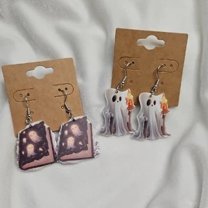 Juego de 2 pares de pendientes de Halloween para mujer gancho francés perforado fantasma velas libro - Imagen 1 de 6