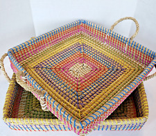 African Basket Tray Set of 2 Large Square Multicolored Senegal w Handles 18 inch