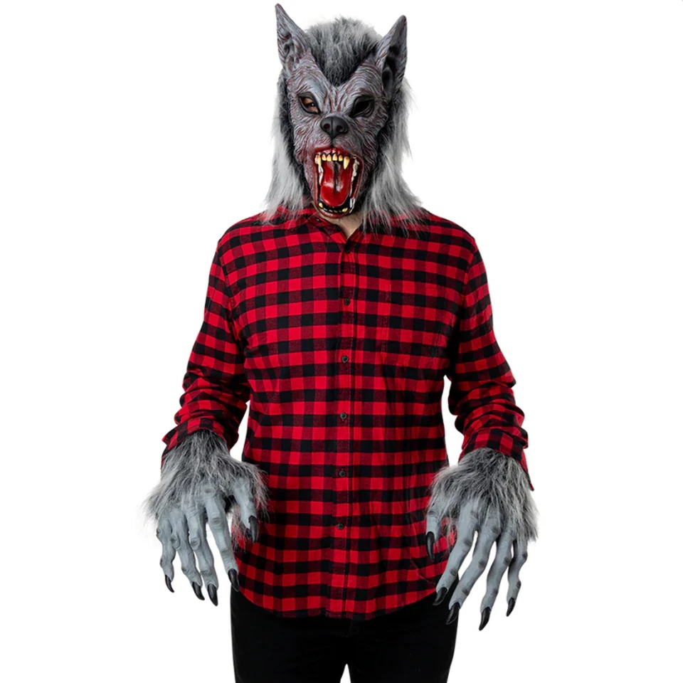 Deluxe Werewolf Set Adults Halloween Wolf Fancy Dress Kit Mask & Gloves Mens - Image 1 of 1
