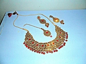 Juego de joyas gargantilla collar pendiente gota rubí facetado Bollywood circonita cúbica boda - Imagen 1 de 2