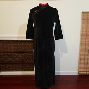 Black Velvet Mandarin Collar Dress Modern Qipao Cheongsam Black Lace - Picture 1 of 12