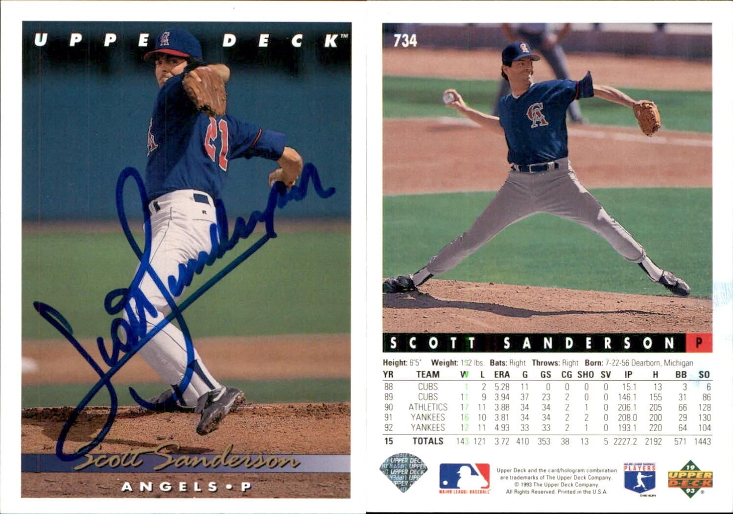 Scott Sanderson Signed 1993 Upper Deck #734 Card California Angels Auto AU