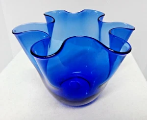 Vintage Blue Wavy Glass Serving Bowl Vase 6" Tall 7.5" Diameter Italy Home Decor - Picture 1 of 12