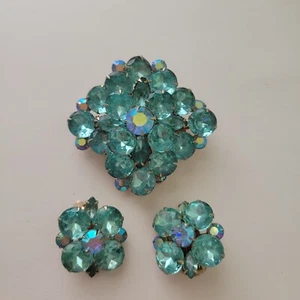 Vintage MCM Aquamarine Rhinestone Crystal Brooch and Clip-on Earrings Set - Picture 1 of 6