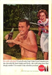Coca Cola Classic Print Ad Spraying Husband Water Hose Coke Vintage c1960 - Picture 1 of 1