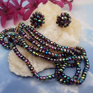 Vtg Vogue Carnival Glass Faceted Crystal 3 Strand 16" Necklace Clip Earring Set - Picture 1 of 7
