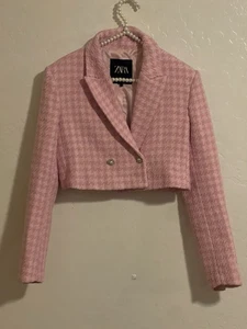 Zara Pink Houndstooth Cropped Blazer Size S - Picture 1 of 7