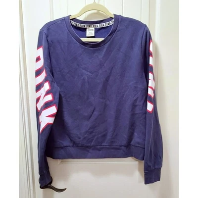 Victoria's Secret розовый темно-синий флис Y2K классический экипаж пуловер толстовка, размер LG - Изображение 1 из 4