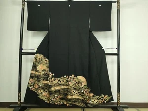 Kimono Japonés Lujoso Negro Tomesodo Bordado Fluyendo Plantón Acuático - Imagen 1 de 6