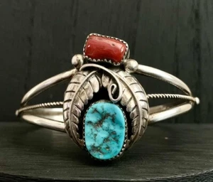 Vintage Navajo Jerry Cowboy 925 Sterling Silver Turquoise Coral Cuff Bracelet - Picture 1 of 14
